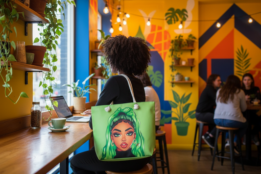Green Tote Bag with Artistic Figure Design