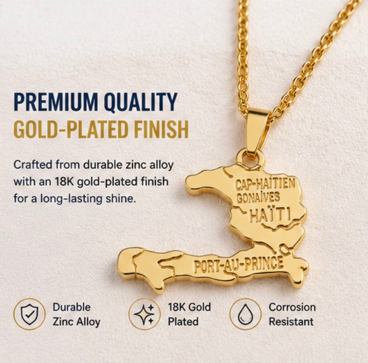 Haiti Map Pendant Necklace for Men & Women, 18K Gold Plated Zinc Alloy Haiti Necklace, 18 Inch Link Chain, Haitian Pride Jewelry, Country Map Pendant Gift for Haitian Heritage