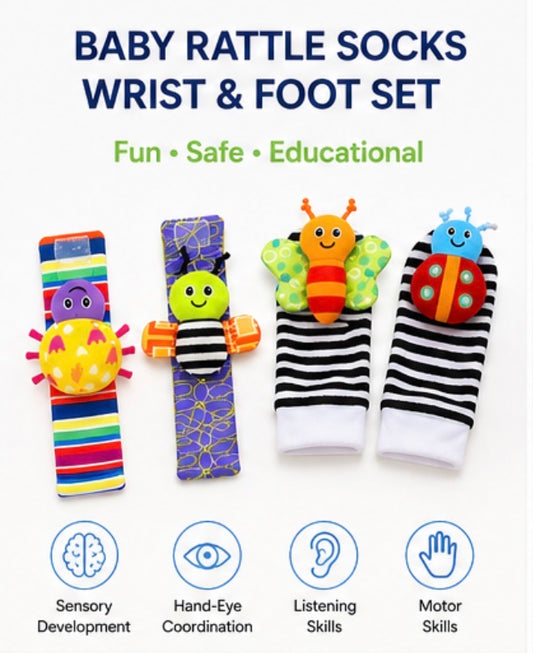 Baby Rattle Socks Wrist & Foot Toys Set Soft Infant Sensory Toy