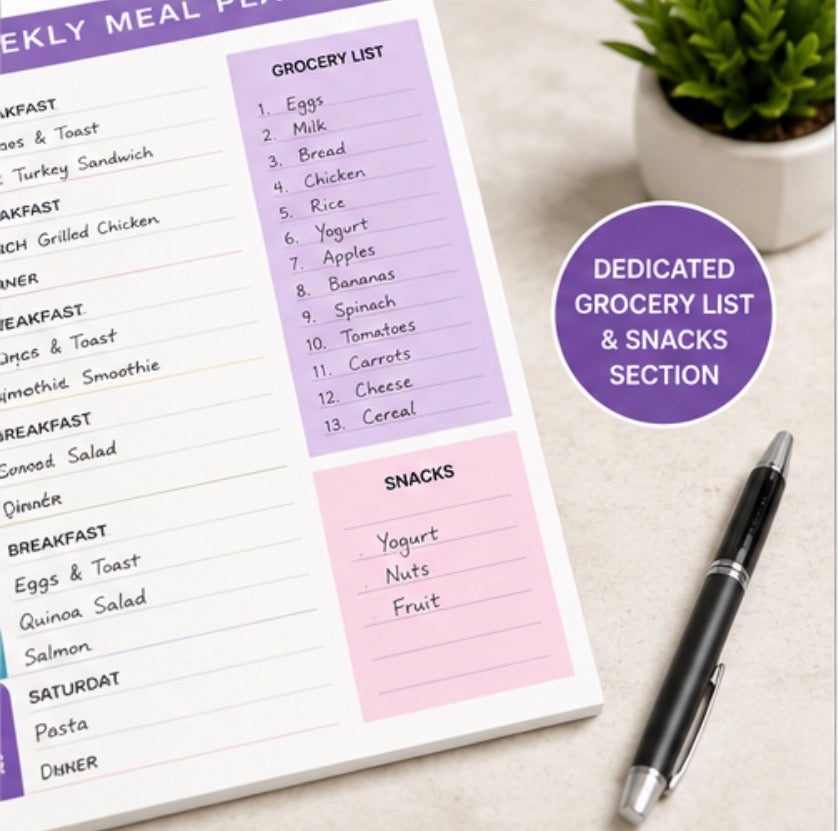 Weekly Meal Planner Notepad with Grocery List & Snacks Section – Compact Meal Prep Planner Pad for Home Care, Seniors, Families & Healthy Eating Organizations