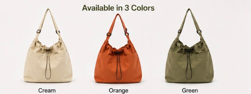 Minimalist style Drawstring Nylon Shoulder Tote Bag (Waterproof, Large Capacity)