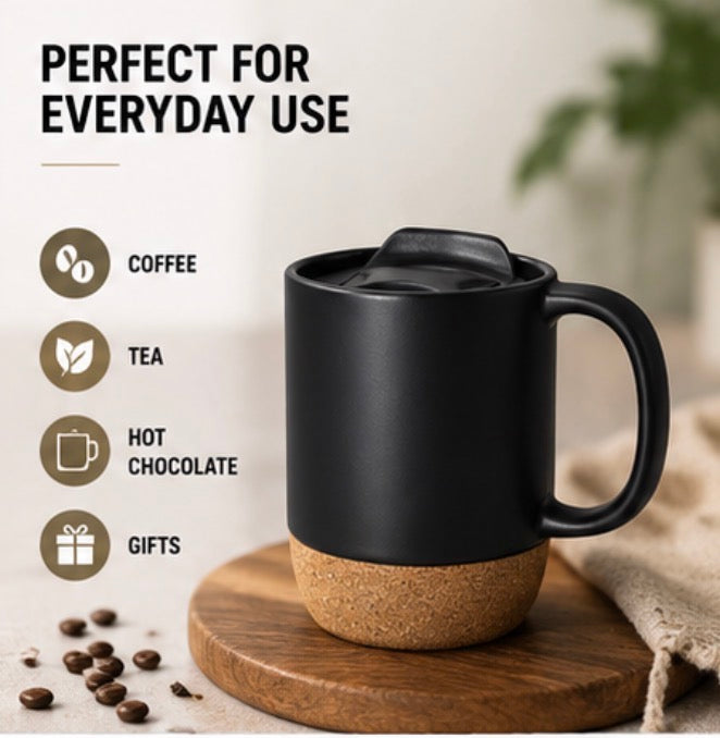 12oz Ceramic Coffee Mug with Cork Base & Splash-Proof Lid, Matte Black Coffee Cup, Reusable Travel Mug for Home Office Desk, Eco-Friendly Tea Mug with Non-Slip Cork Bottom