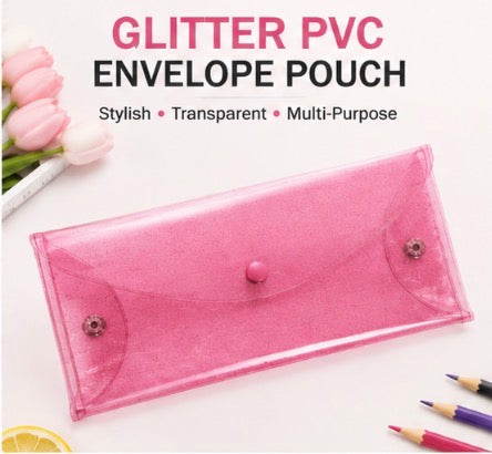 Glitter PVC Envelope Pouch, Transparent Snap Closure Pencil Case, Waterproof Cosmetic & Makeup Bag, Cash Envelope Wallet, Travel Organizer for Pens, Receipts & Accessories