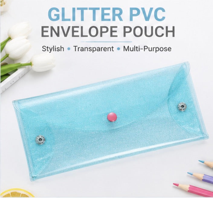Glitter PVC Envelope Pouch, Transparent Snap Closure Pencil Case, Waterproof Cosmetic & Makeup Bag, Cash Envelope Wallet, Travel Organizer for Pens, Receipts & Accessories