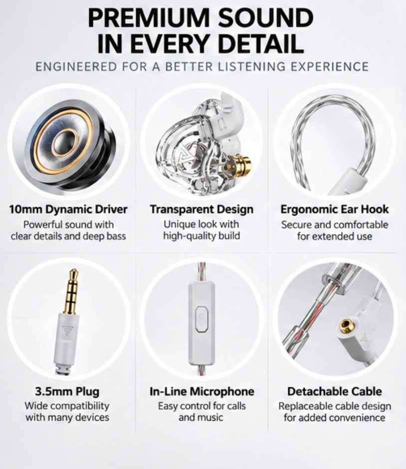 QKZ AK6 DMX Wired In-Ear Earphones, Clear Transparent Earbuds with 10mm Dynamic Driver, 3.5mm Plug, Detachable Cable, In-Line Microphone, Over-Ear Ear Hooks for Music, Gaming & Everyday Use
