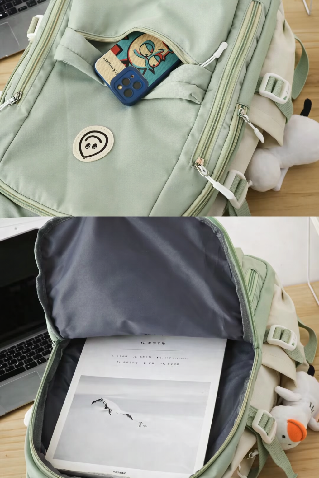 Kids Backpack Sage Green & Cream Smiley Face