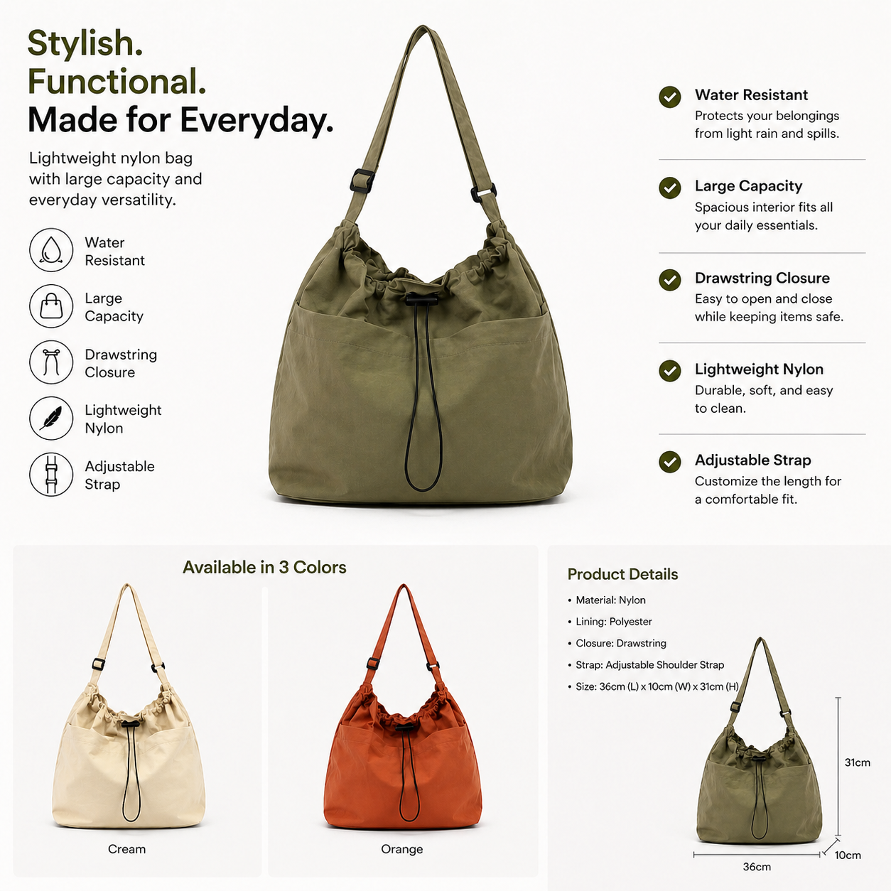 Minimalist style Drawstring Nylon Shoulder Tote Bag (Waterproof, Large Capacity)