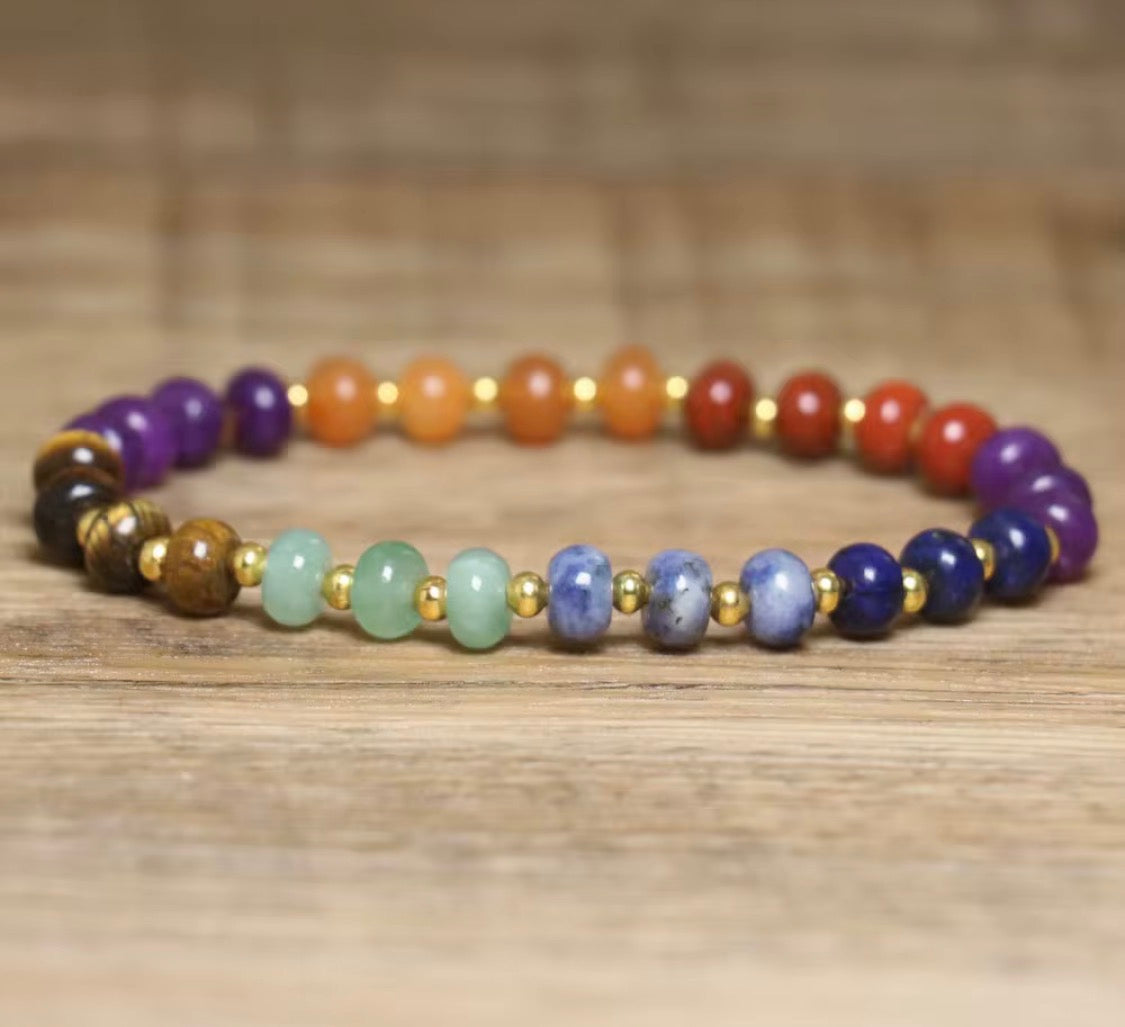 7 Chakra Healing Bracelet Multicolor Gemstone Beads Tiger Eye Amethyst Lapis Lazuli 6.6 Inch Inner Circumference Gold Spacers for Energy Balance and Wellness