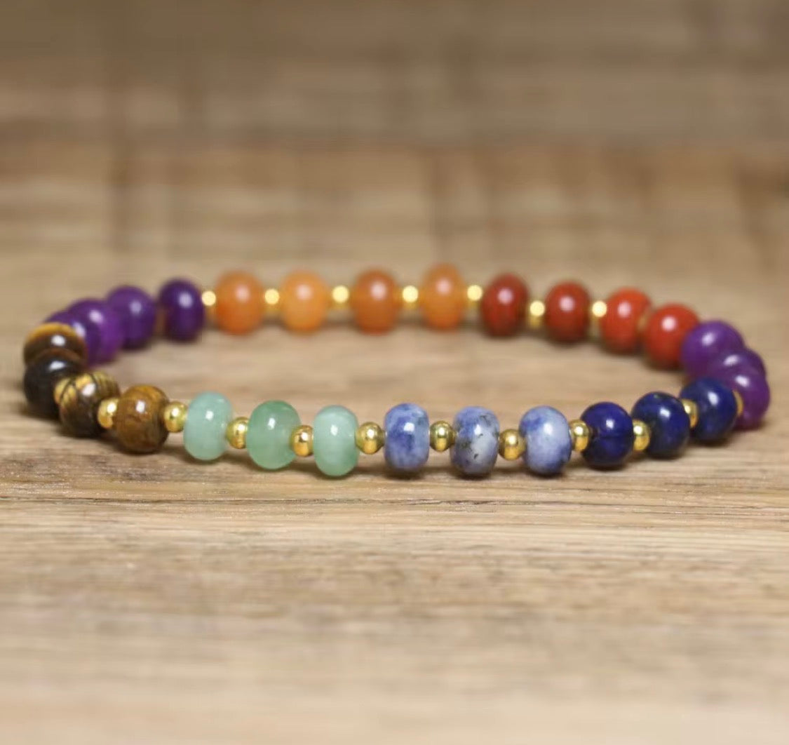 7 Chakra Healing Bracelet Multicolor Gemstone Beads Tiger Eye Amethyst Lapis Lazuli 6.6 Inch Inner Circumference Gold Spacers for Energy Balance and Wellness