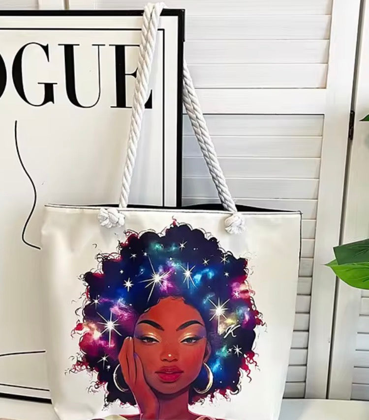Colorful Canvas Tote Bag with Starry Sky Design