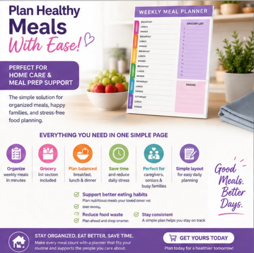 Weekly Meal Planner Notepad with Grocery List & Snacks Section – Compact Meal Prep Planner Pad for Home Care, Seniors, Families & Healthy Eating Organizations