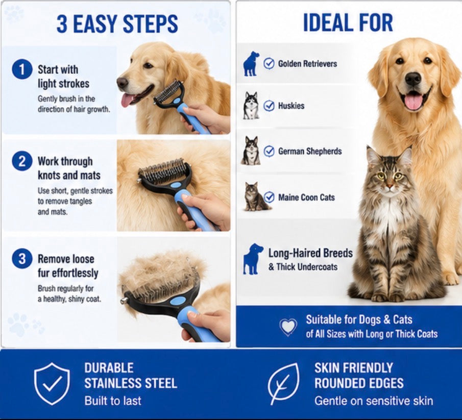Large Pet Dematting Comb for Dogs & Cats, Double-Sided Grooming Rake, Undercoat Deshedding Brush for Shedding, Tangle Remover Tool with Non-Slip Handle, Blue