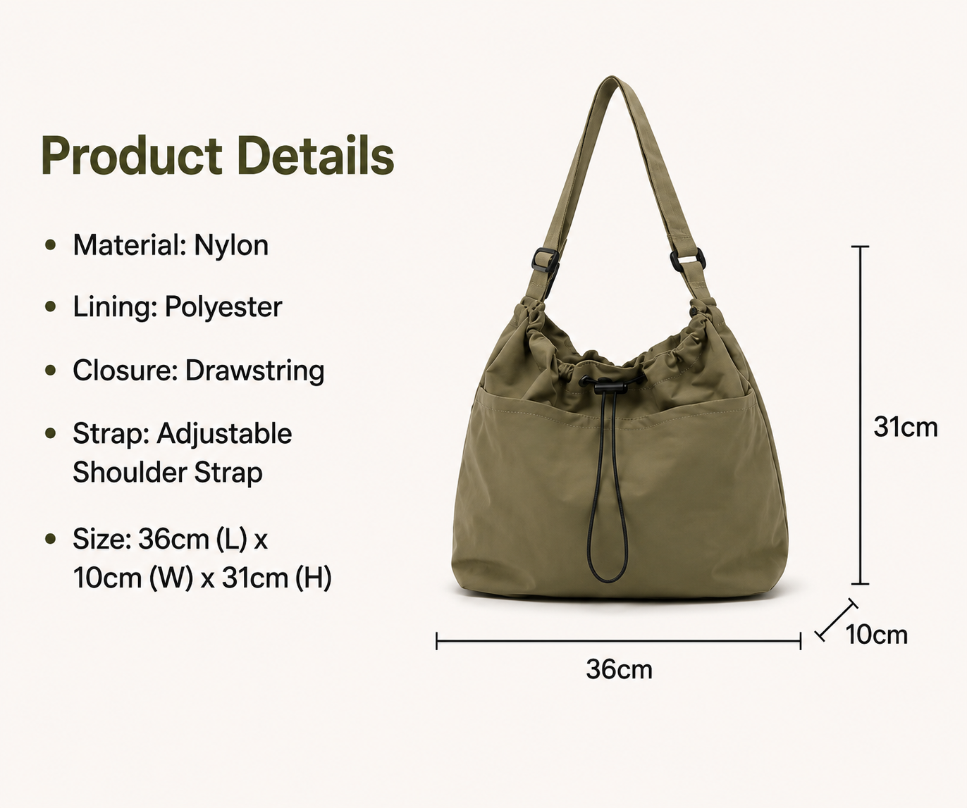 Minimalist style Drawstring Nylon Shoulder Tote Bag (Waterproof, Large Capacity)
