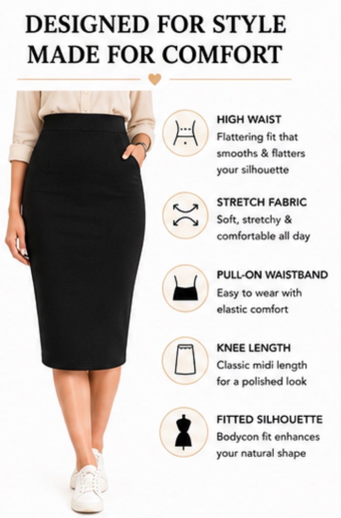 Women’s High Waist Pencil Skirt – Stretch Knee Length Business Casual Pull-On Midi Skirt for Office, Work & Everyday Wear