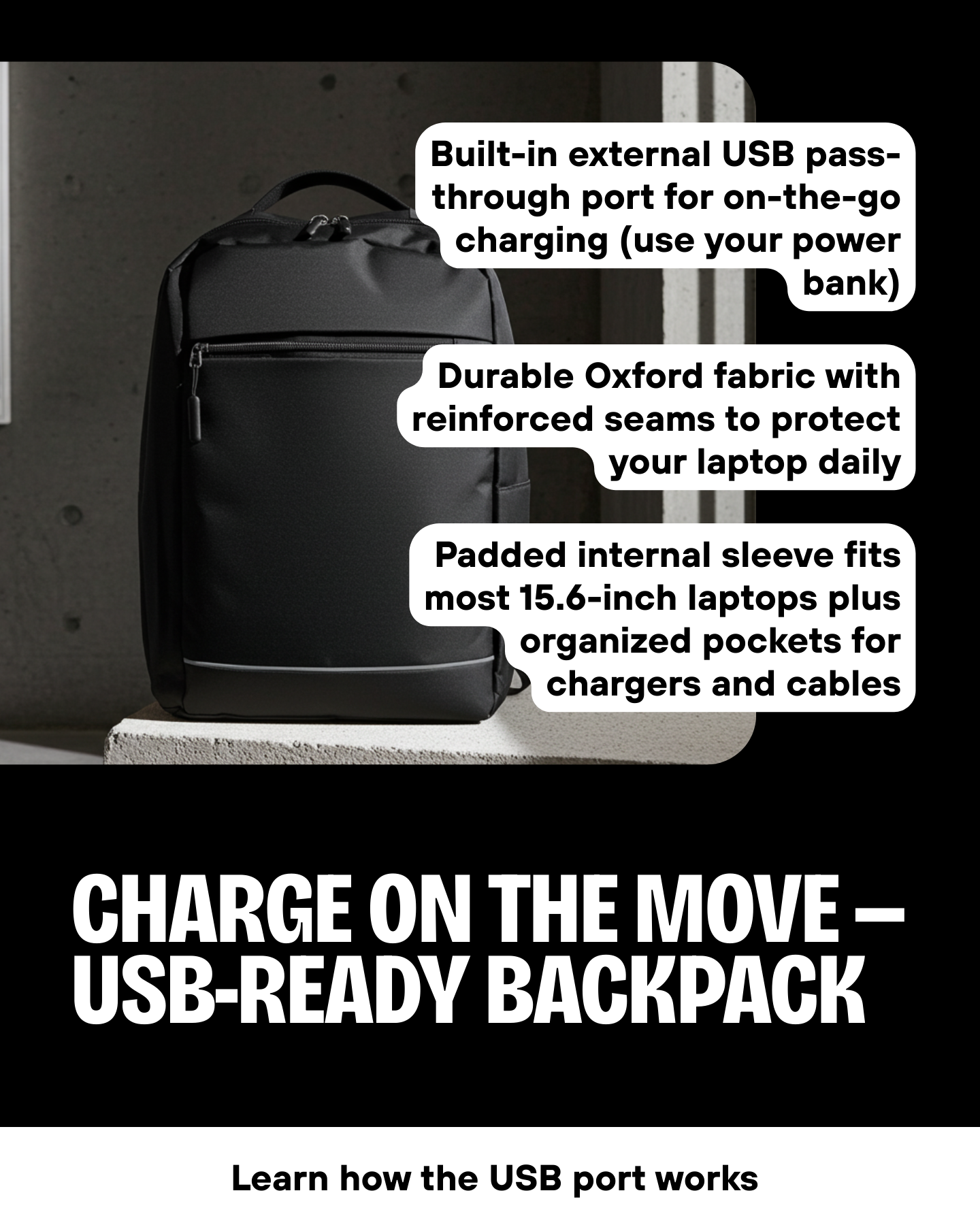 Black Laptop Bag with USB Charging Port Black Oxford Backpack for Travel and Work Durable Spacious Design Essential for Daily Use