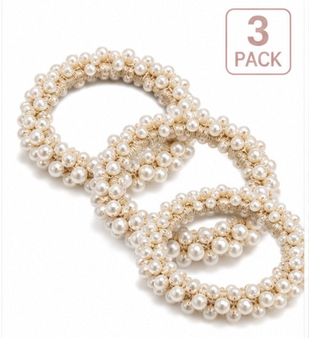 Pearl Hair Ties for Women, 3 Pack Faux Pearl Elastic Hair Ban