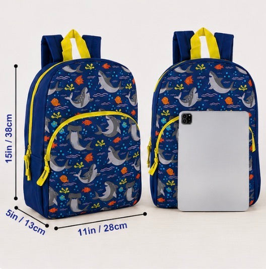 Kids Shark Backpack – 15” Lightweight School Backpack with Front Pocket, Blue Ocean Print.
