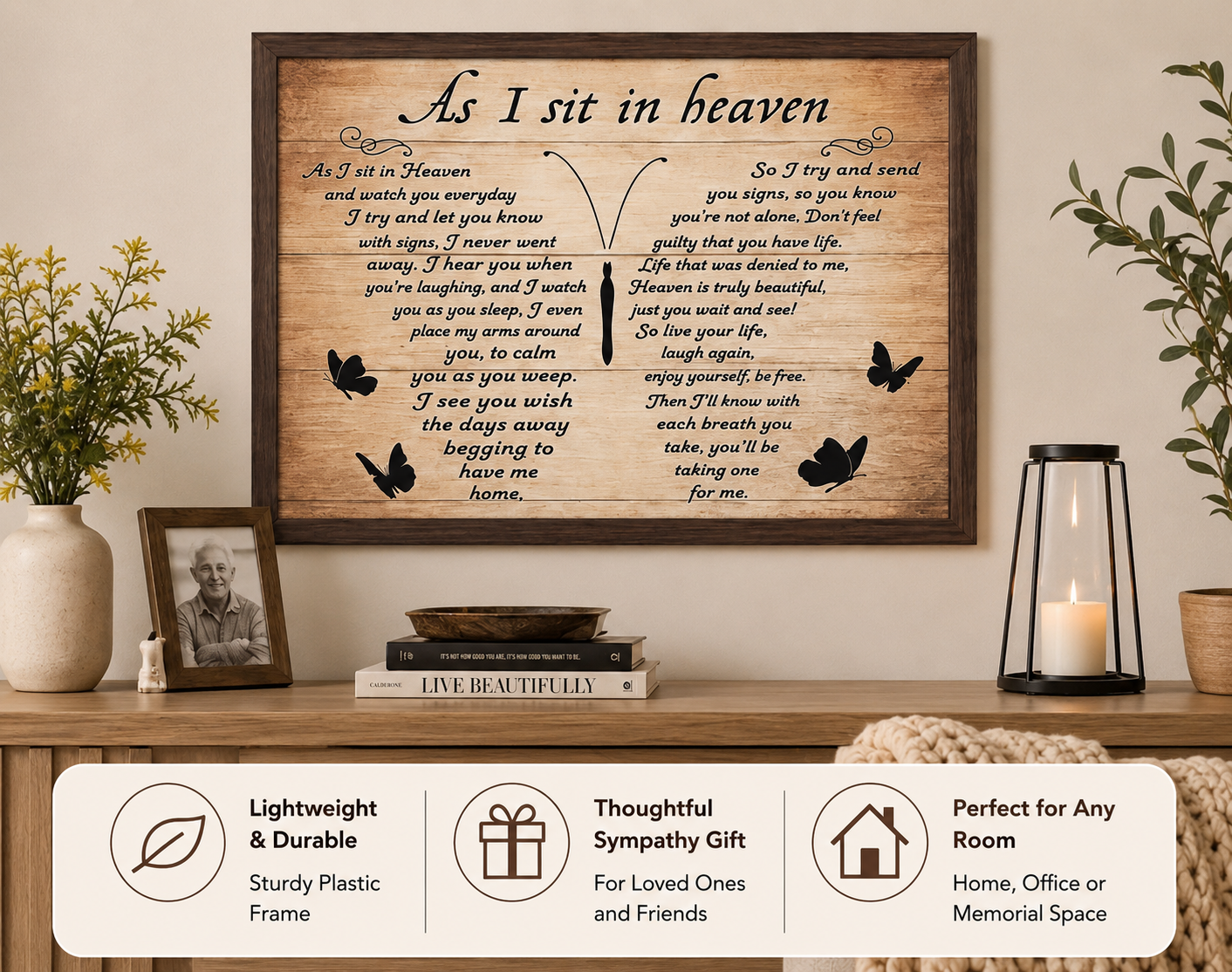 12 x 16 Inch Memorial Wall Art – “As I Sit in Heaven” Poem Plaque with Plastic Frame