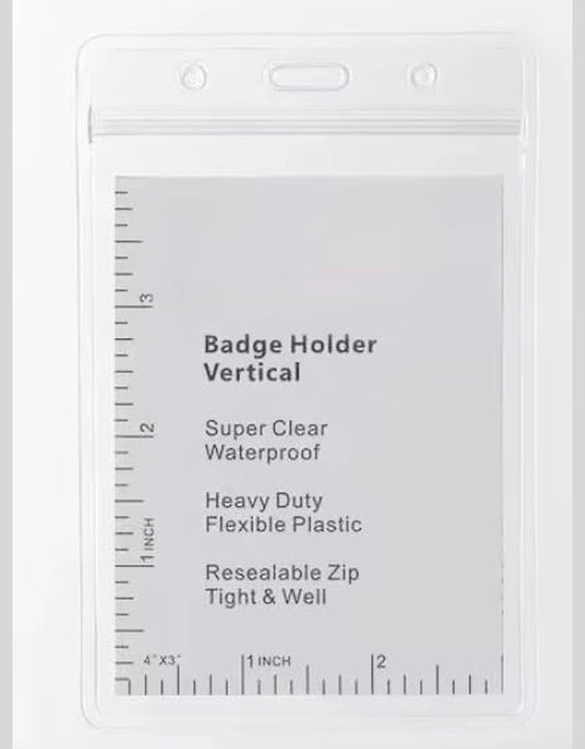 10 Vertical Badge Holders, 3.5 x 2.3 inches, Super Clear Waterproof, Heavy Duty Plastic with Resealable Zip