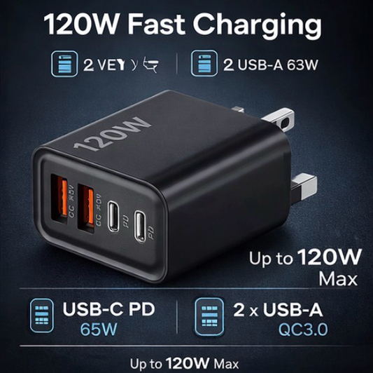 120W 4-Port Fast Charger USB-C & USB Wall Adapter (Black)