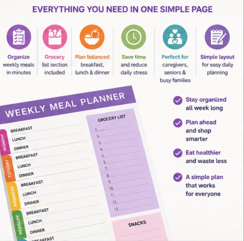 Weekly Meal Planner Notepad with Grocery List & Snacks Section – Compact Meal Prep Planner Pad for Home Care, Seniors, Families & Healthy Eating Organizations