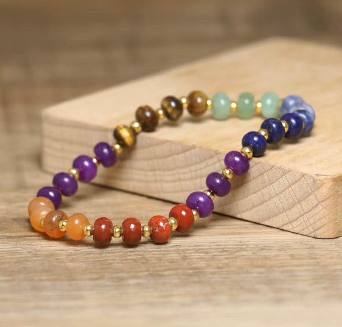 7 Chakra Healing Bracelet Multicolor Gemstone Beads Tiger Eye Amethyst Lapis Lazuli 6.6 Inch Inner Circumference Gold Spacers for Energy Balance and Wellness