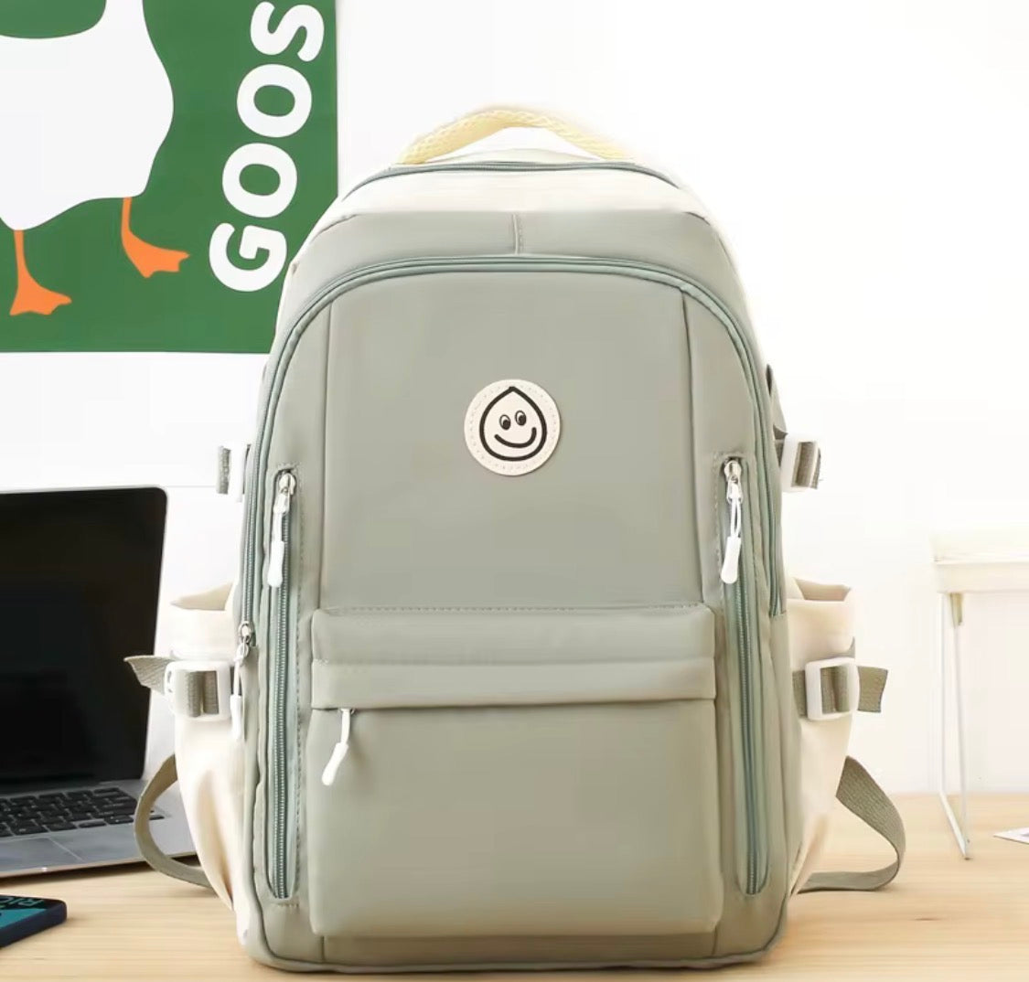 Kids Backpack Sage Green & Cream Smiley Face