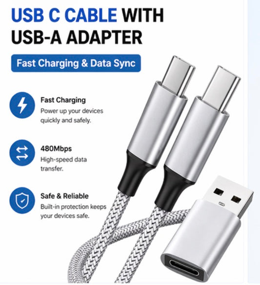 Braided USB C Cable with USB-A Adapter