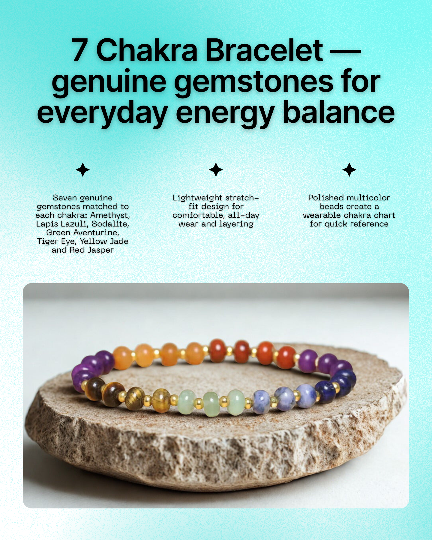 7 Chakra Healing Bracelet Multicolor Gemstone Beads Tiger Eye Amethyst Lapis Lazuli 6.6 Inch Inner Circumference Gold Spacers for Energy Balance and Wellness