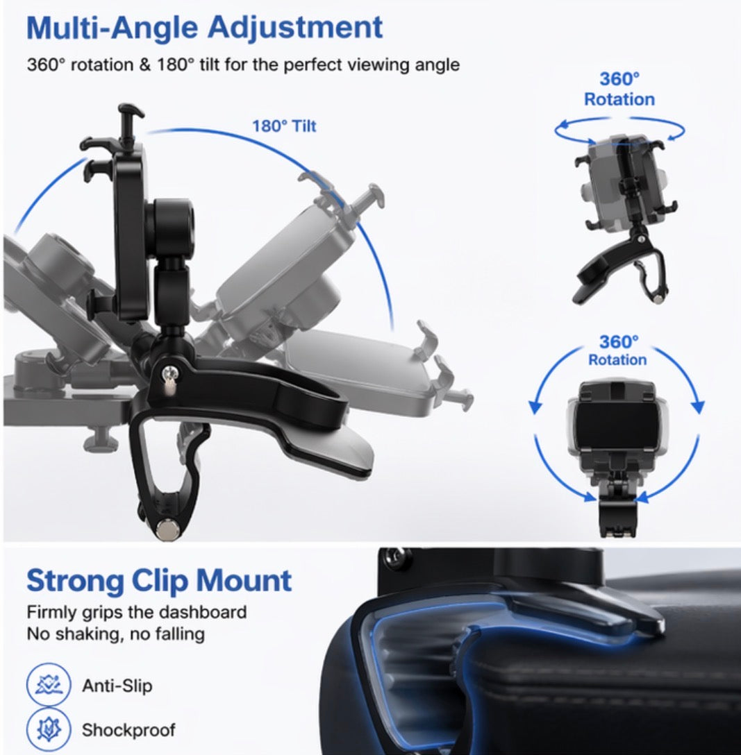 Adjustable Clamp Phone Mount for Car Dashboard, Desk, Bed & More
