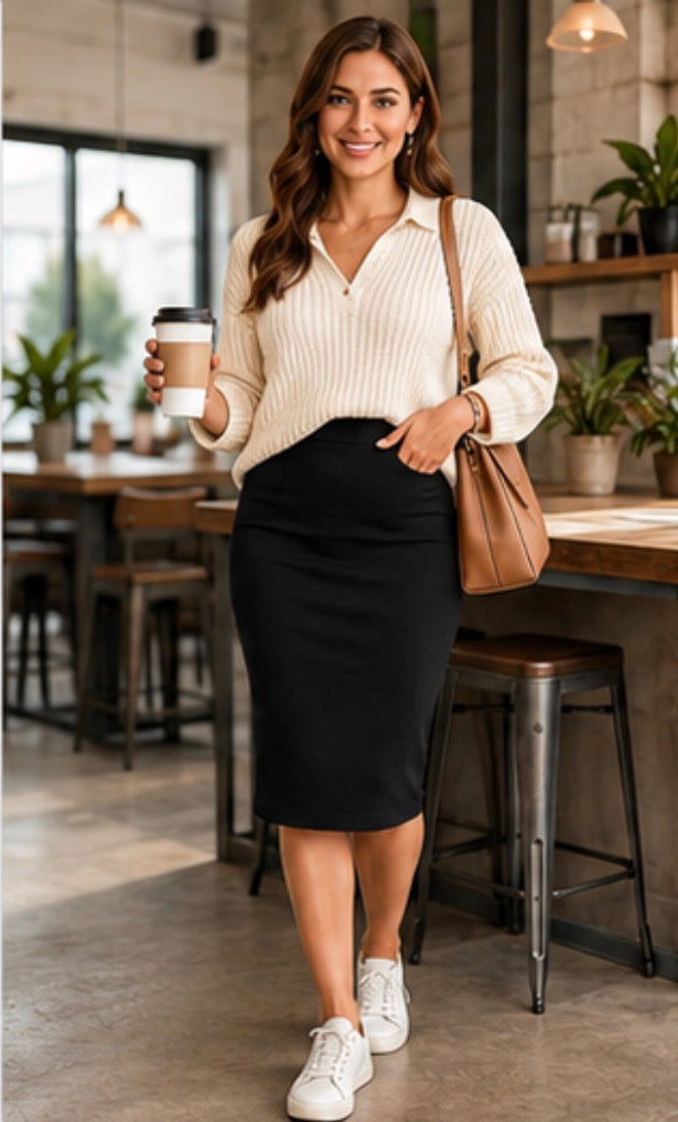 Women’s High Waist Pencil Skirt – Stretch Knee Length Business Casual Pull-On Midi Skirt for Office, Work & Everyday Wear
