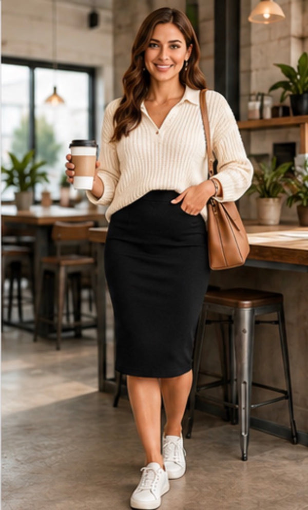 Women’s High Waist Pencil Skirt – Stretch Knee Length Business Casual Pull-On Midi Skirt for Office, Work & Everyday Wear
