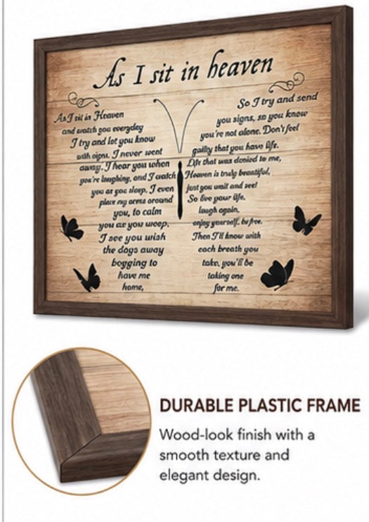 12 x 16 Inch Memorial Wall Art – “As I Sit in Heaven” Poem Plaque with Plastic Frame
