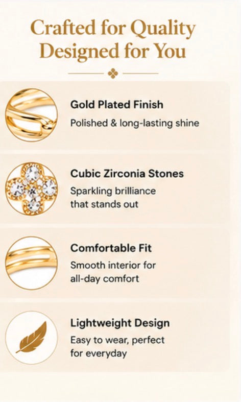 Four Leaf Clover Ring for Women, Gold or Silver Tone Stainless Steel Ring with Cubic Zirconia, Lucky Flower Ring, Fixed US Size 8, Dainty Fashion Jewelry Gift for H