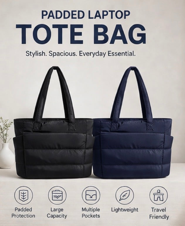 Padded Laptop Tote Bag – 15.6” Quilted Work & Travel Bag (Black & Navy)