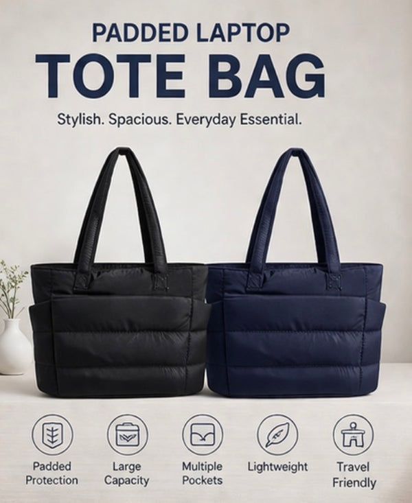 Padded Laptop Tote Bag – 15.6” Quilted Work & Travel Bag (Black & Navy)