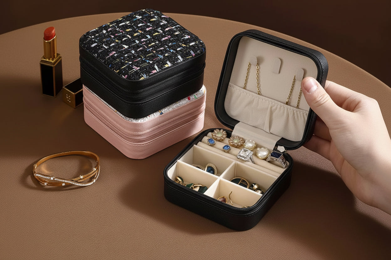 Jewelry Box - Black Fabric with Zipper Closure