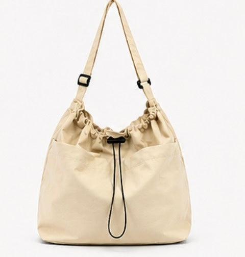 Minimalist style Drawstring Nylon Shoulder Tote Bag (Waterproof, Large Capacity)