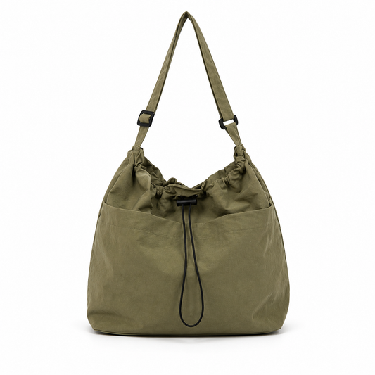 Minimalist style Drawstring Nylon Shoulder Tote Bag (Waterproof, Large Capacity)