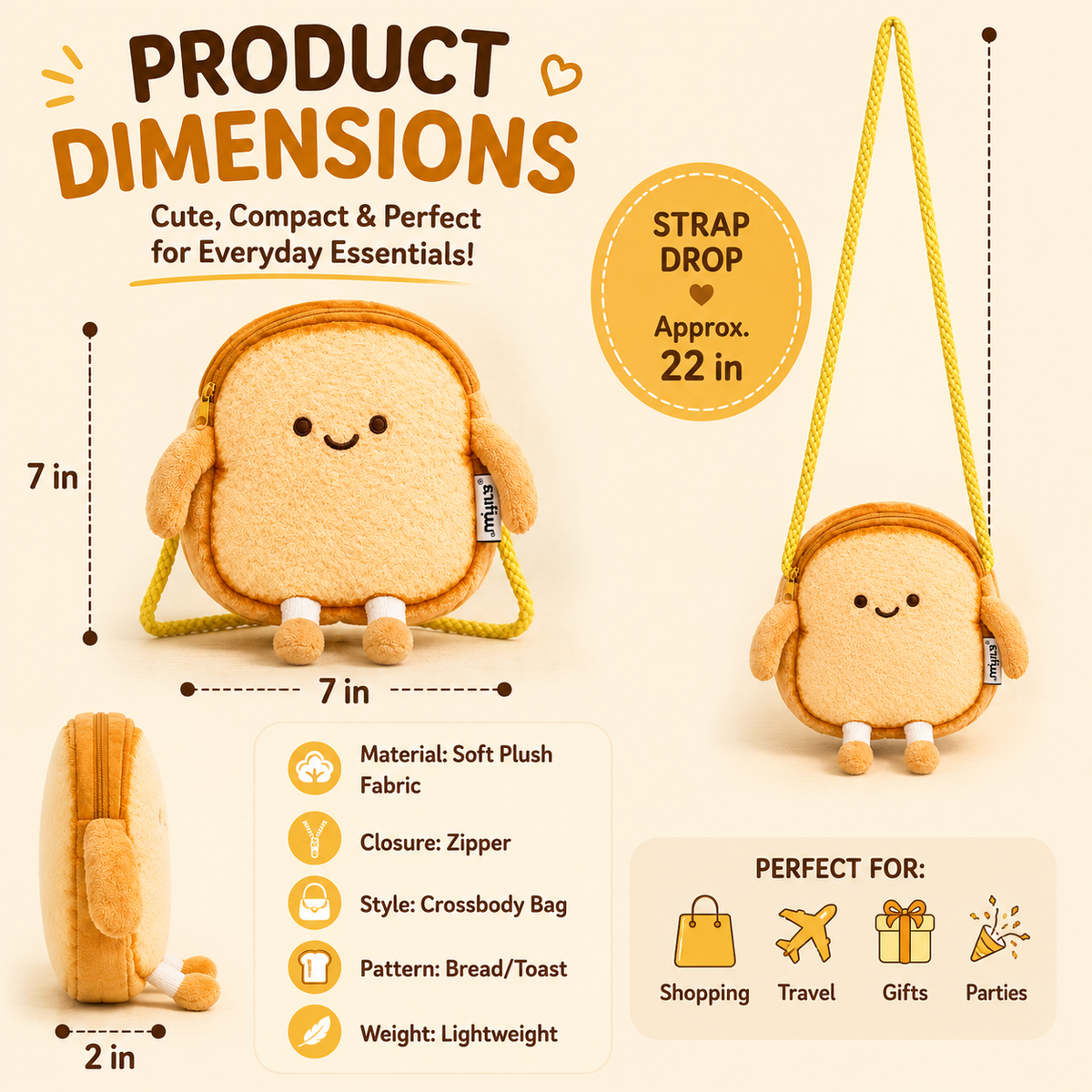 Bread shaped 🍞 Crossbody Bag, Cute Plush Toast Purse for Kids & Teens, Soft Lightweight