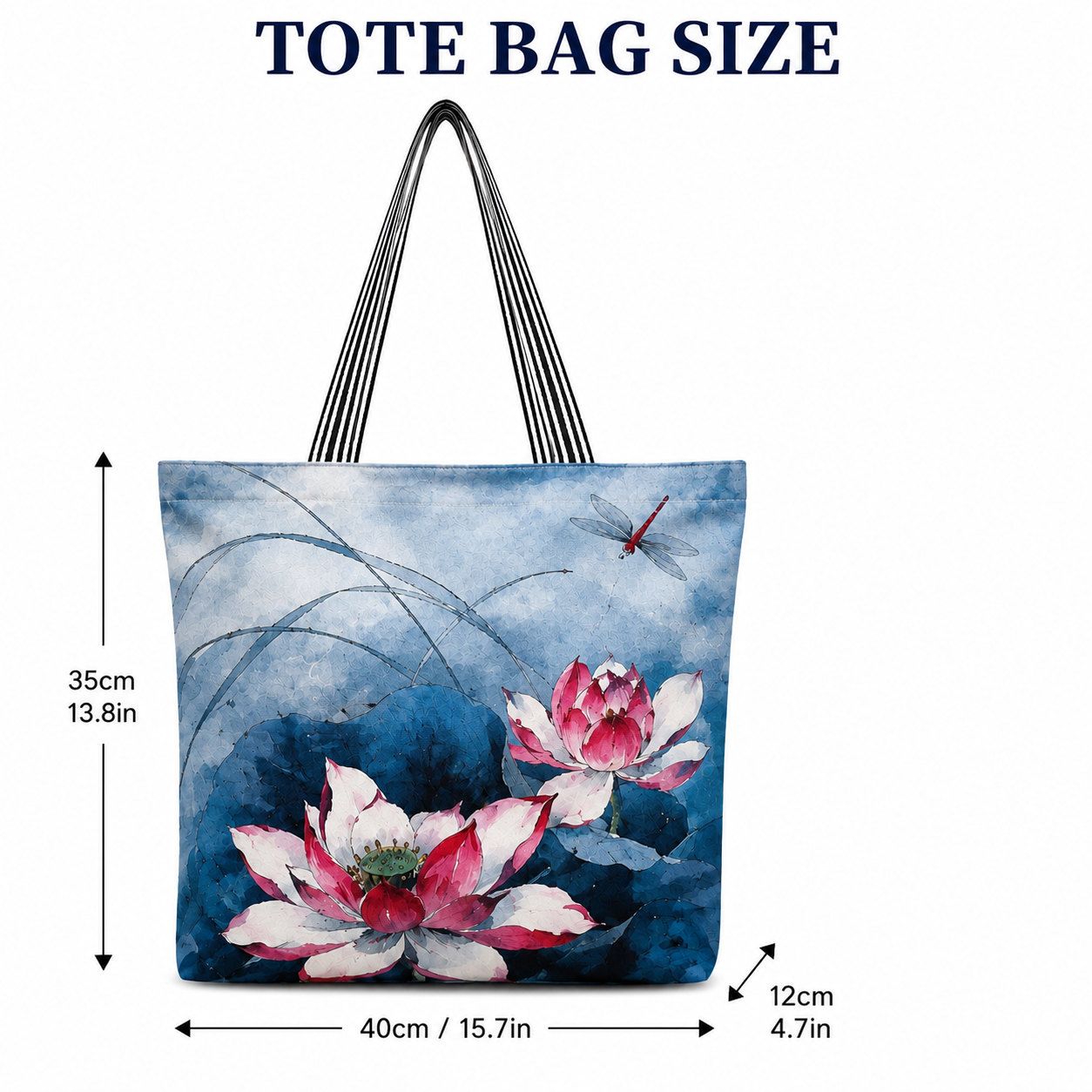 Large Lotus Floral Tote Bag for Women with Zipper – Waterproof Canvas Shoulder Bag for Work, Travel & Shopping