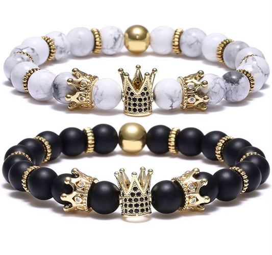 Imperial Crown Bead Bracelets in Lava or Howlite with Gold Accents and Rhinestone Details for Stylish Wear