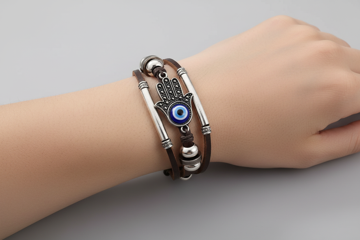 Hamsa Bracelet with Blue Evil Eye & Silver Accents f