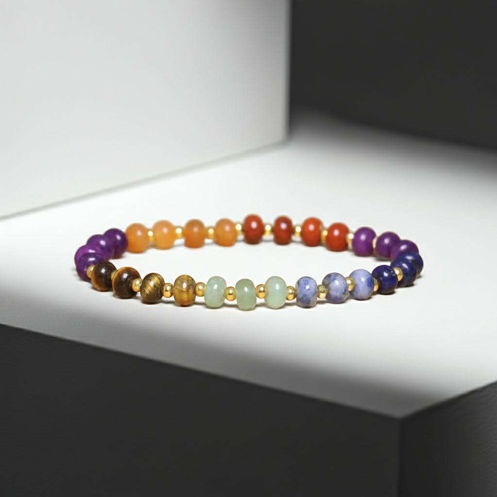 7 Chakra Healing Bracelet Multicolor Gemstone Beads Tiger Eye Amethyst Lapis Lazuli 6.6 Inch Inner Circumference Gold Spacers for Energy Balance and Wellness