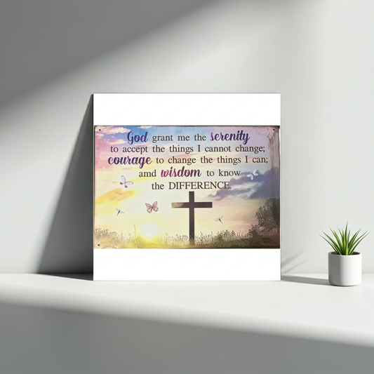 Serenity Prayer Metal Wall Sign, Religious Cross Decor with Butterflies, Inspirational Quote Art, Sunset Background