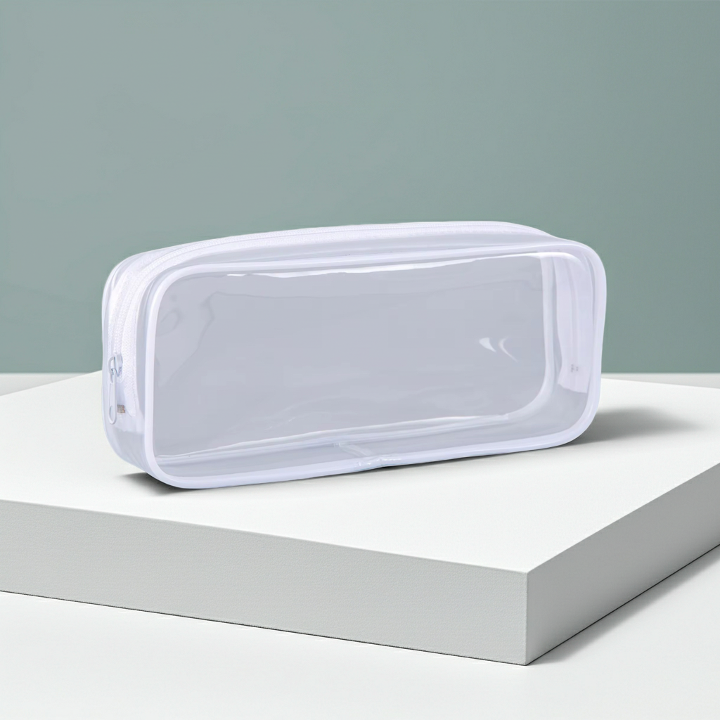 Clear Pouch for Makeup or Pencils Transparent Storage Case with Handle for Brushes and Cosmetics in Black or White Ideal for Travel and Organization