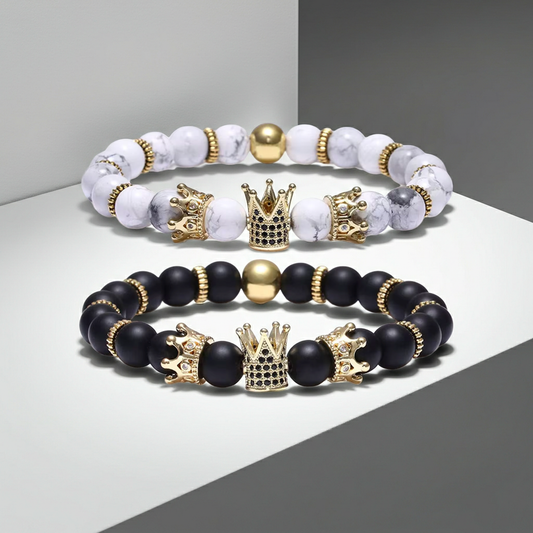 Imperial Crown Bead Bracelets in Lava or Howlite with Gold Accents and Rhinestone Details for Stylish Wear