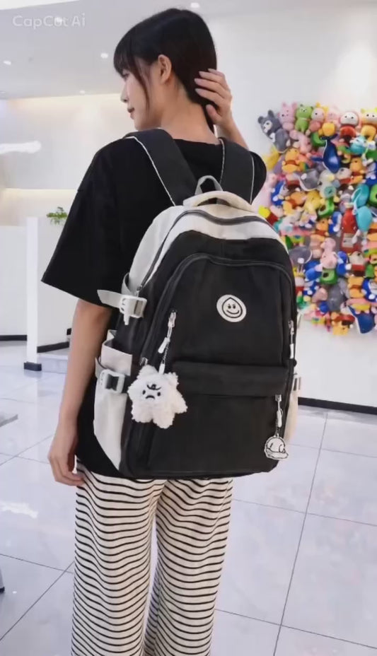 Kids Backpack Black & Cream Smiley Face