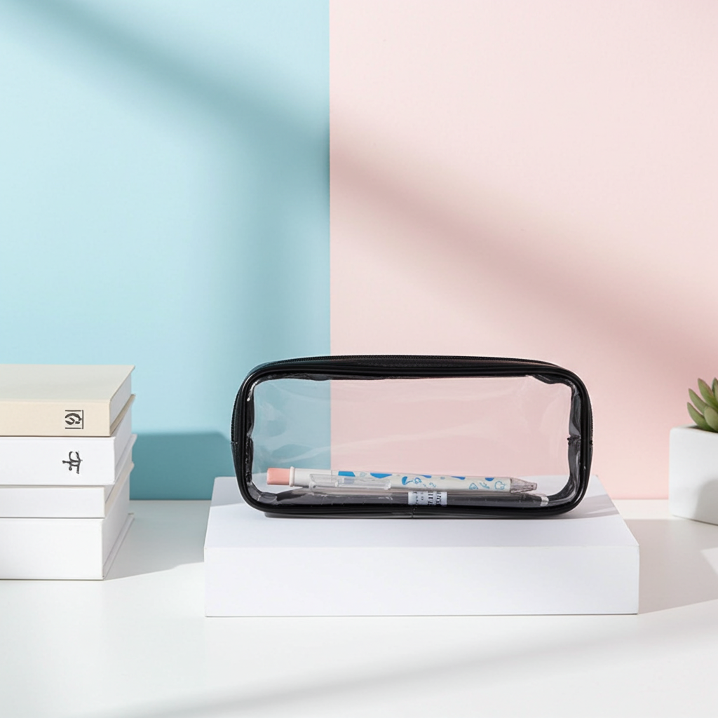 Clear Pouch for Makeup or Pencils Transparent Storage Case with Handle for Brushes and Cosmetics in Black or White Ideal for Travel and Organization