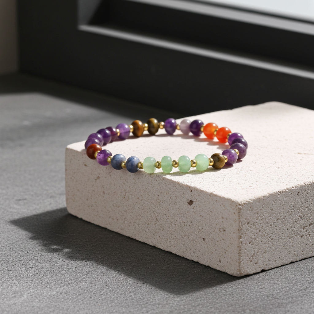 7 Chakra Healing Bracelet Multicolor Gemstone Beads Tiger Eye Amethyst Lapis Lazuli 6.6 Inch Inner Circumference Gold Spacers for Energy Balance and Wellness